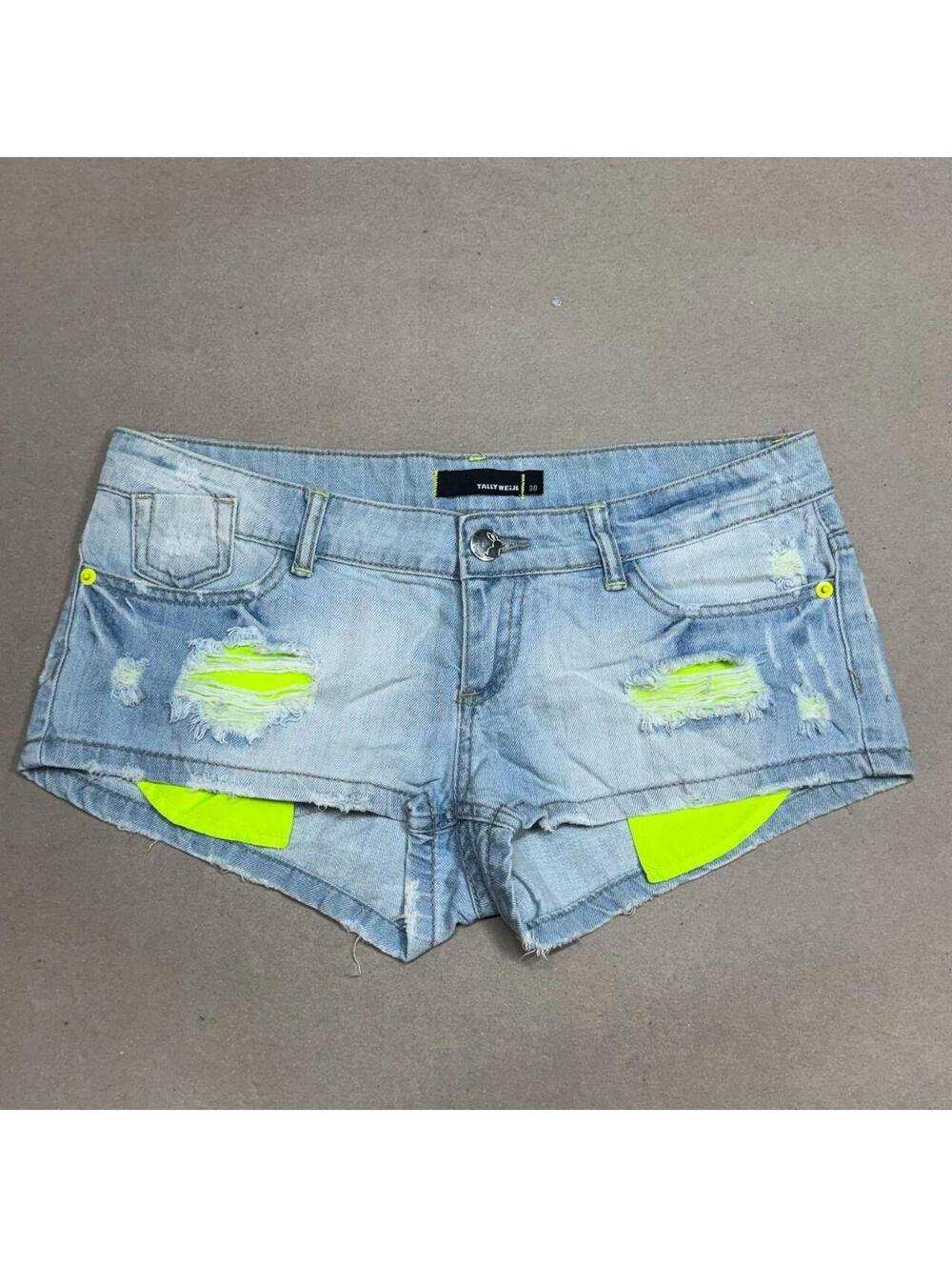 Vintage Y2K Low Rise Denim Micro Shorts Faded Neon Detail